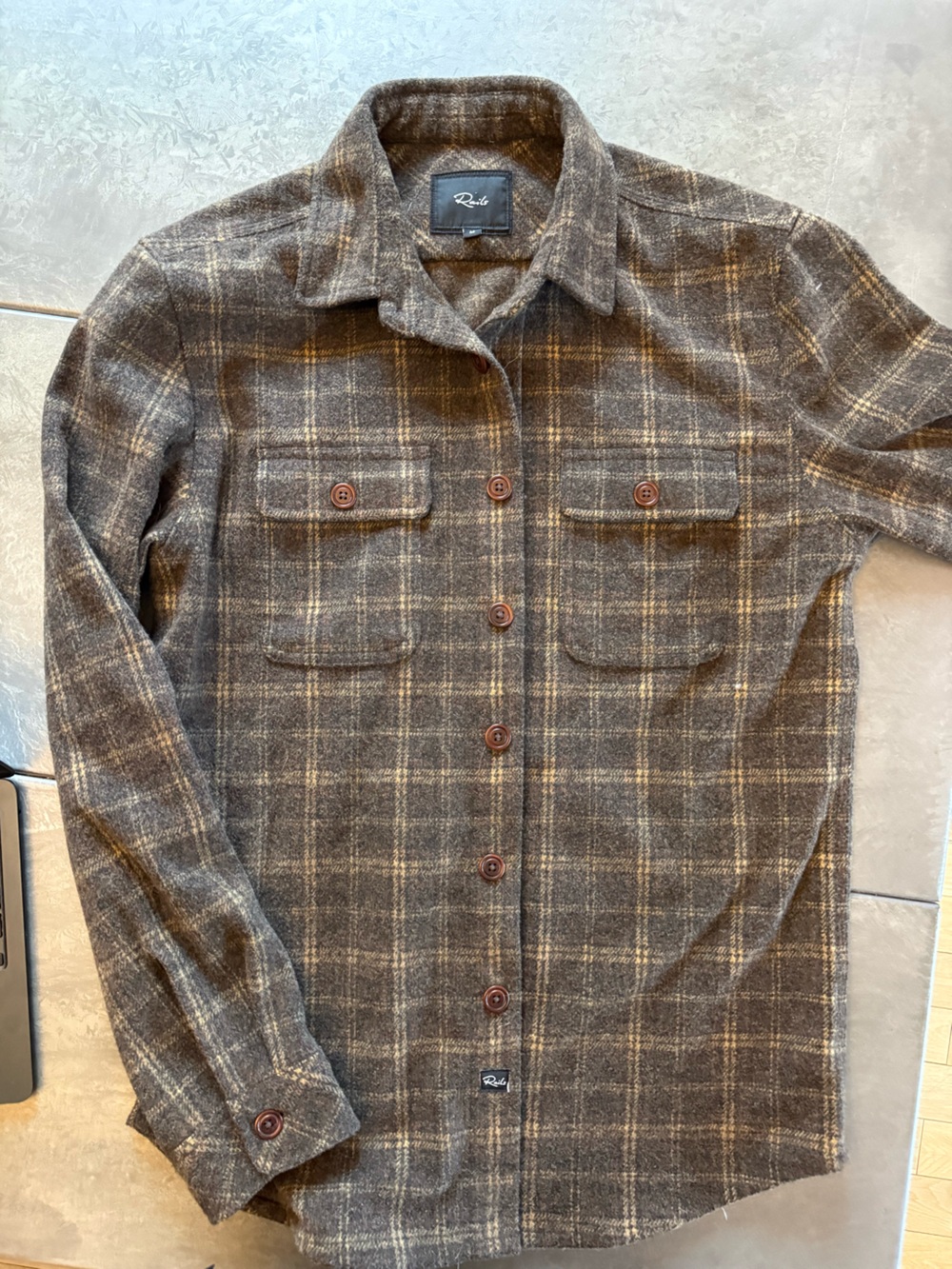 Rails Men's Brown Plaid Pea Coat with Subtle Tan Windowpane